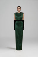 Round Neck Power Shoulder Striped Column Gown In Green for women, from IHF ATELIER, The Viet Concept 