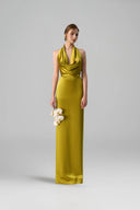 Yellow Satin Silk Cowl Halter Gown With Pleated Detail for women, from IHF ATELIER, The Viet Concept