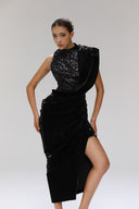 Wandering Noir Draped Lamé Cut-Out Midi Dress for women, from SORAMAME, The Viet Concept