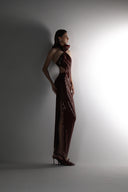 Burgundy Sequin Halter Neck Draped Cut-Out Evening Dress for women, from SORAMAME, The Viet Concept