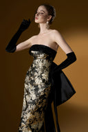 Aurélia Gold Black Jacquard Bustier Column Evening Gown for women, from IHF ATELIER, The Viet Concept 