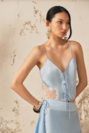 XITA • Azure Lace-Trim Silk Asymmetric Mini Skirt