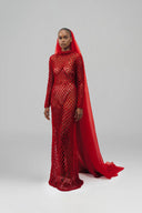 Crimson Lotus Reliquary Gown With Sculptural Veil for women, from DAS LA VIE, The Viet Concept 