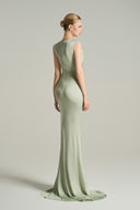 Mint Green Asymmetric Ruched Jersey Maxi Dress with Crystal Detail for women, from IHF STUDIO, The Viet Concept 
