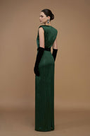 Round Neck Power Shoulder Striped Column Gown In Green for women, from IHF ATELIER, The Viet Concept 