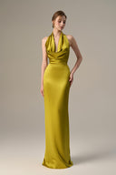 Yellow Satin Silk Cowl Halter Gown With Pleated Detail for women, from IHF ATELIER, The Viet Concept