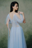 Orchidée Baby Blue Tulle Corset Midi Dress for women, from LINH PHUNG, The Viet Concept