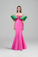 Fuchsia Off-Shoulder Mermaid Gown With Draped Rose Detail for women, from IHF ATELIER, The Viet Concept