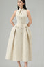 Soleil Fit and Flare Mock Neck Brocade Midi Dress for women, from Lam Khue, The Viet Concept 