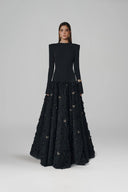 L' SCARLETT • Long-Sleeve Crystal Heart Open-Back Fringe Jacquard Maxi Dress
