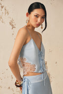 XITA • Azure Lace-Trim Silk Asymmetric Mini Skirt