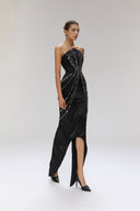 Kismet Gilded Lace Matte Satin Strapless Maxi Dress for women, from SORAMAME, The Viet Concept