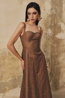 L' SCARLETT • Crystal-Beaded Lustrous Lace Maxi Dress