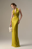 Yellow Satin Silk Cowl Halter Gown With Pleated Detail for women, from IHF ATELIER, The Viet Concept