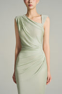 Mint Green Asymmetric Ruched Jersey Maxi Dress with Crystal Detail for women, from IHF STUDIO, The Viet Concept 
