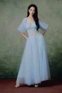 Orchidée Baby Blue Tulle Corset Midi Dress for women, from LINH PHUNG, The Viet Concept