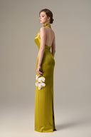 Yellow Satin Silk Cowl Halter Gown With Pleated Detail for women, from IHF ATELIER, The Viet Concept