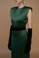 Round Neck Power Shoulder Striped Column Gown In Green for women, from IHF ATELIER, The Viet Concept 