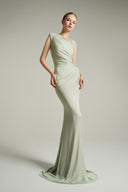 Mint Green Asymmetric Ruched Jersey Maxi Dress with Crystal Detail for women, from IHF STUDIO, The Viet Concept 
