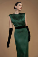 Round Neck Power Shoulder Striped Column Gown In Green for women, from IHF ATELIER, The Viet Concept 