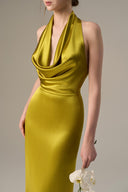 Yellow Satin Silk Cowl Halter Gown With Pleated Detail for women, from IHF ATELIER, The Viet Concept