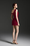 Red Floral Lace One-Shoulder Pearl Cluster Mini Dress for women, from IHF STUDIO, The Viet Concept 