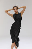 Wandering Noir Draped Lamé Cut-Out Midi Dress for women, from SORAMAME, The Viet Concept