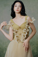 Lyrical Champagne Gold Corset Lace Gown for women, from LINH PHUNG, The Viet Concept