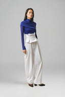 White Aegean Cotton Pinstripe Corset Peplum Trousers for women, from LECIA, The Viet Concept