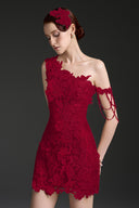 Red Floral Lace One-Shoulder Pearl Cluster Mini Dress for women, from IHF STUDIO, The Viet Concept 