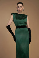 Round Neck Power Shoulder Striped Column Gown In Green for women, from IHF ATELIER, The Viet Concept 