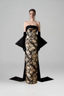 Aurélia Gold Black Jacquard Bustier Column Evening Gown for women, from IHF ATELIER, The Viet Concept 