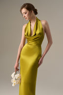 Yellow Satin Silk Cowl Halter Gown With Pleated Detail for women, from IHF ATELIER, The Viet Concept