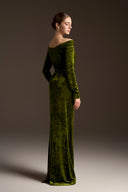 IHF ATELIER • Velvet Off-Shoulder Long-Sleeve Column Gown