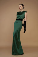 Round Neck Power Shoulder Striped Column Gown In Green for women, from IHF ATELIER, The Viet Concept 
