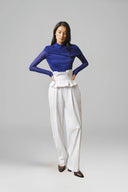 White Aegean Cotton Pinstripe Corset Peplum Trousers for women, from LECIA, The Viet Concept