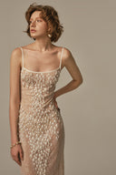 Larme Ivory Lace Midi Dress With Tulle Contrast for women, from POEM, The Viet Concept