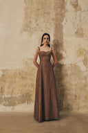L' SCARLETT • Crystal-Beaded Lustrous Lace Maxi Dress