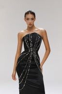 Kismet Gilded Lace Matte Satin Strapless Maxi Dress for women, from SORAMAME, The Viet Concept