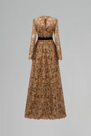 Brown Guipure Lace & Lyon Velvet A-Line Floor-Length Gown for women, from IHF ATELIER, The Viet Concept 