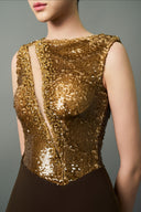 EEGEN STUDIO • Gold Sequin Bodice Floor Length Dress