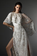 Whiteout Sequin Lace Asymmetrical Cape Maxi Dress for women, from SORAMAME, The Viet Concept