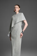 GVLUX • Diagonal Fallen Cape & Sided Stone Chains Straight Dress