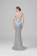 DO LONG • Silver Blue Strapless Beaded Mermaid Gown with Sculpted Peplum