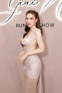 DO LONG • Floral Nude Draped Evening Gown