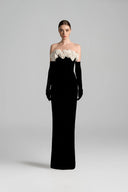 IHF STUDIO • Off Shoulder Velvet Column Gown with Handmade Rosette Appliqués