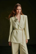 VONTIER DE MONTIER • Tailored Textured Rose-Lapel Silk Kate Collarless Blazer in Pistachio