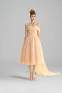 LINH PHUNG • Solea Crystal Pearl Off-Shoulder A-Line Midi Dress