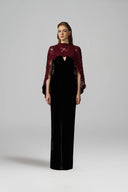 IHF ATELIER • Black Velvet V-Neck Column Gown with Floral Lace Mullet Cape