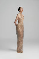 Beige Halter Glass Beaded Olivia Gown For Women, from DUONG ATELIER, The Viet Concept